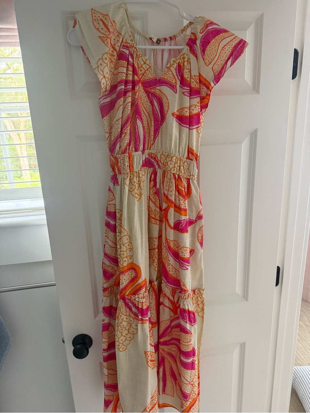 Cream Maxi Dress with Pink & Orange Floral Pattern